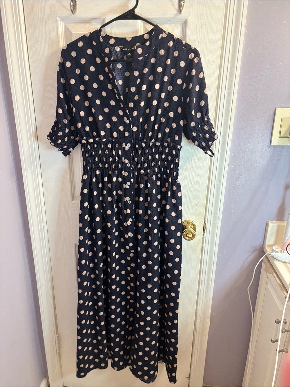 Navy Polka Dot Midi Dress with Smocked Waist